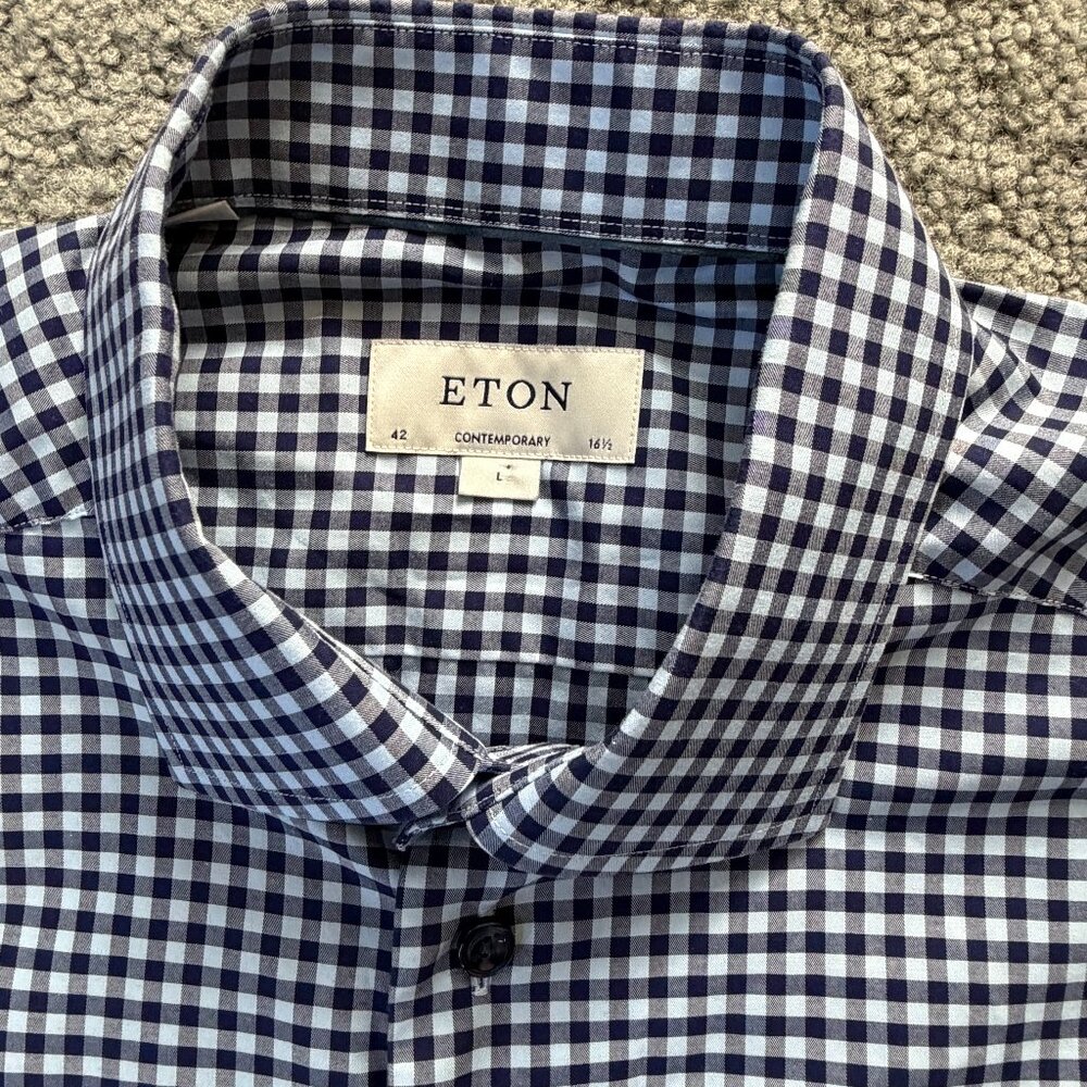 Eton Fit Dress Shirt Men's Sz. L - 42 / 16 1/2 - Blue White Gingham Pattern- EUC - Picture 4 of 15
